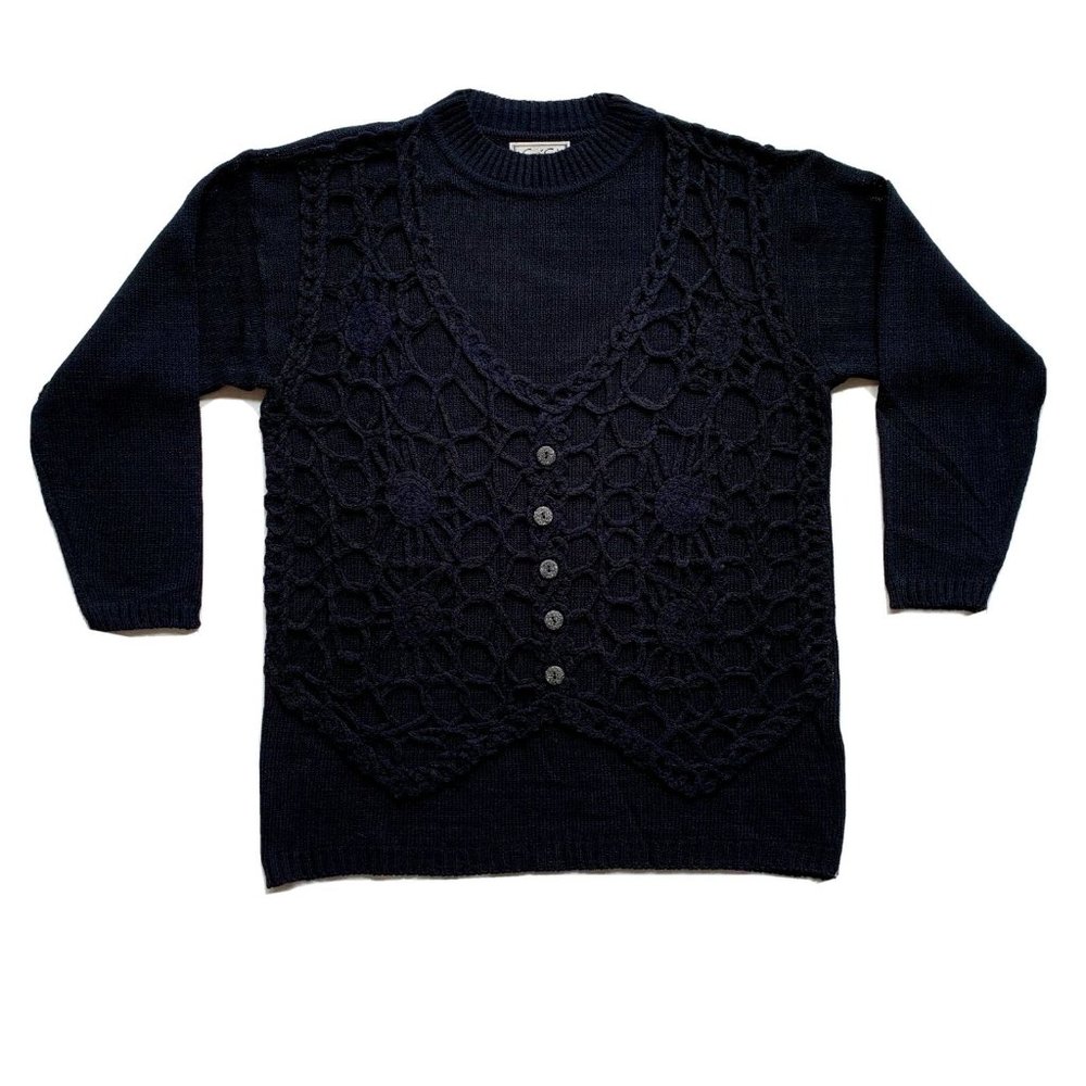 Vintage Ce'Ci Sweater Womens M/L Black Crochet Chunky Knit‎ Linen Blend Boho NEW